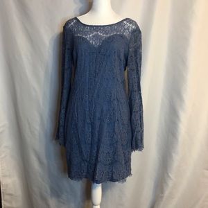 Dusty blue lace bell sleeve dress